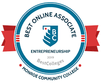 Award logo from BestColleges.com is to recognize MCC's Entrepreneurship program as "2019 Best Online Associate."