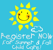 Register now for child care - cartoon graphic of a sun