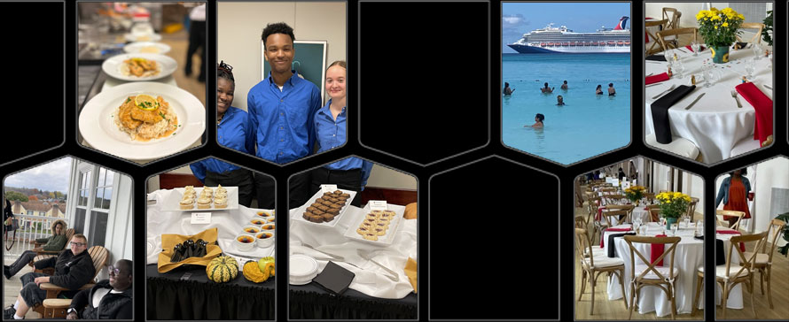MCC Shield grid of images showing areas of culinary arts programs and travel and tourism programs
