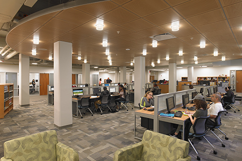 Students using computer workstations in the Anne M. Kress Learning Commons