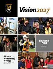 Vision 2027 Cover showing student graduates, a female lacrosse player, students talking with a professor and a student wearing a mask at an OptiPro work event