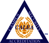 CALEA triangle log with a gold feather emblem surrounding an eagle. States Campus Security Accreditation: one word in each triangle side