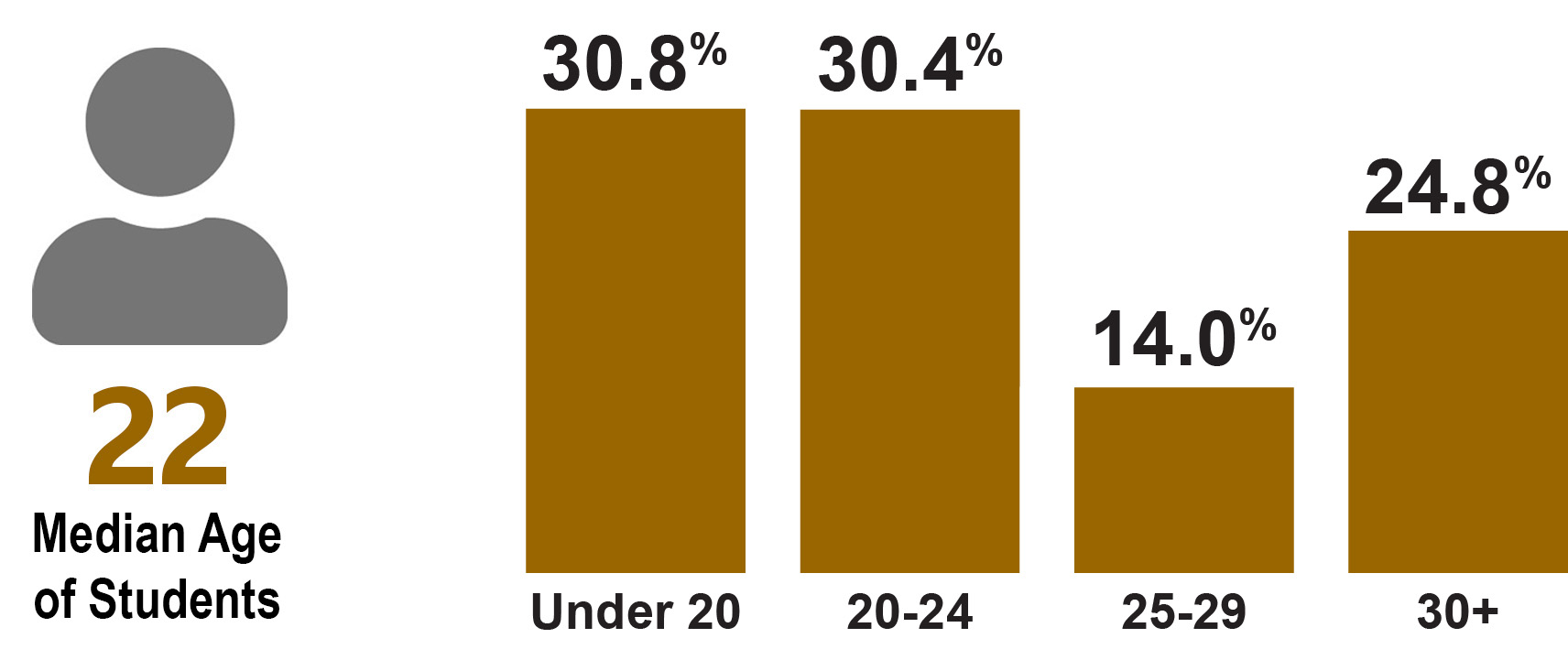 Median age of students is 22. Percentages of student ages: Under 20 is 30.8%, 20 to 24 is 30.4%, 25 to 29 is 14% and 30 years of age or more is 24.8%