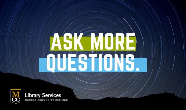 Photo of the star trails over silhouette of hills with text, "Ask more questions"