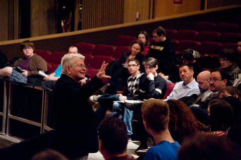 Playwright Paula Vogel lecturing to a class