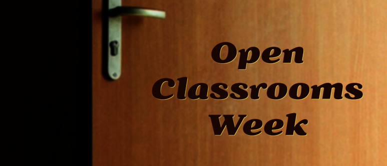 An office door that is ajar with the text: "Open Classrooms Week."