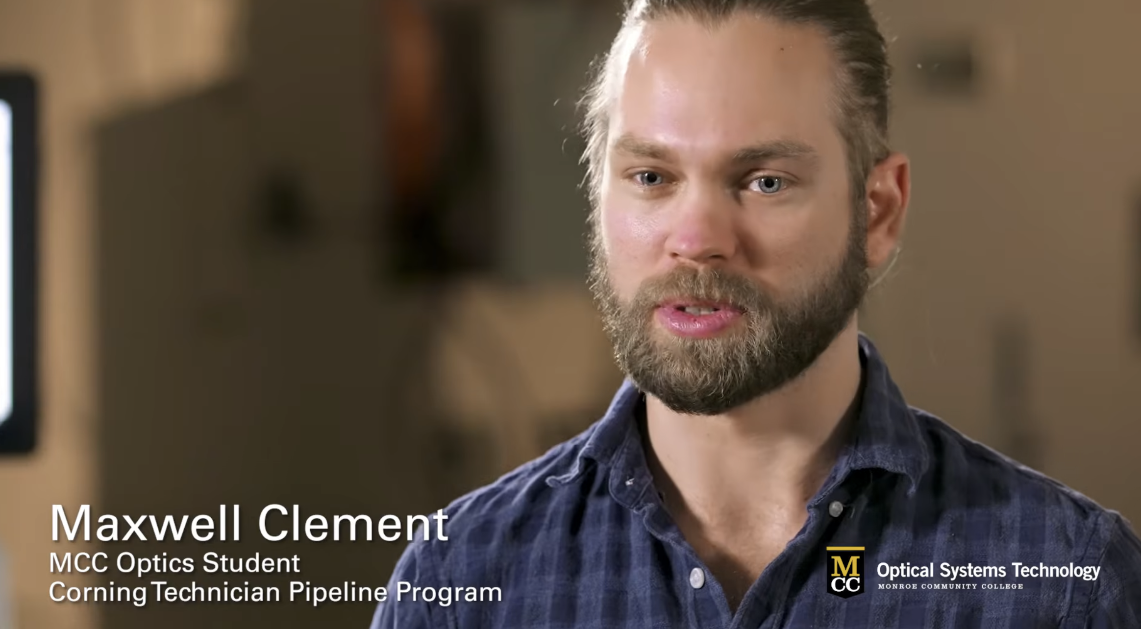 Maxwell Clement, an MCC Optics student in the Corning Technician Pipeline Program, speaking in an interview.