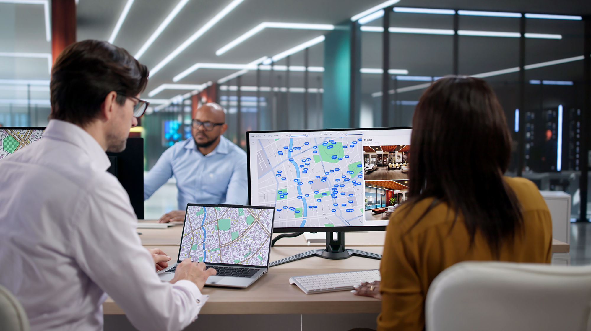 3 people looking at maps