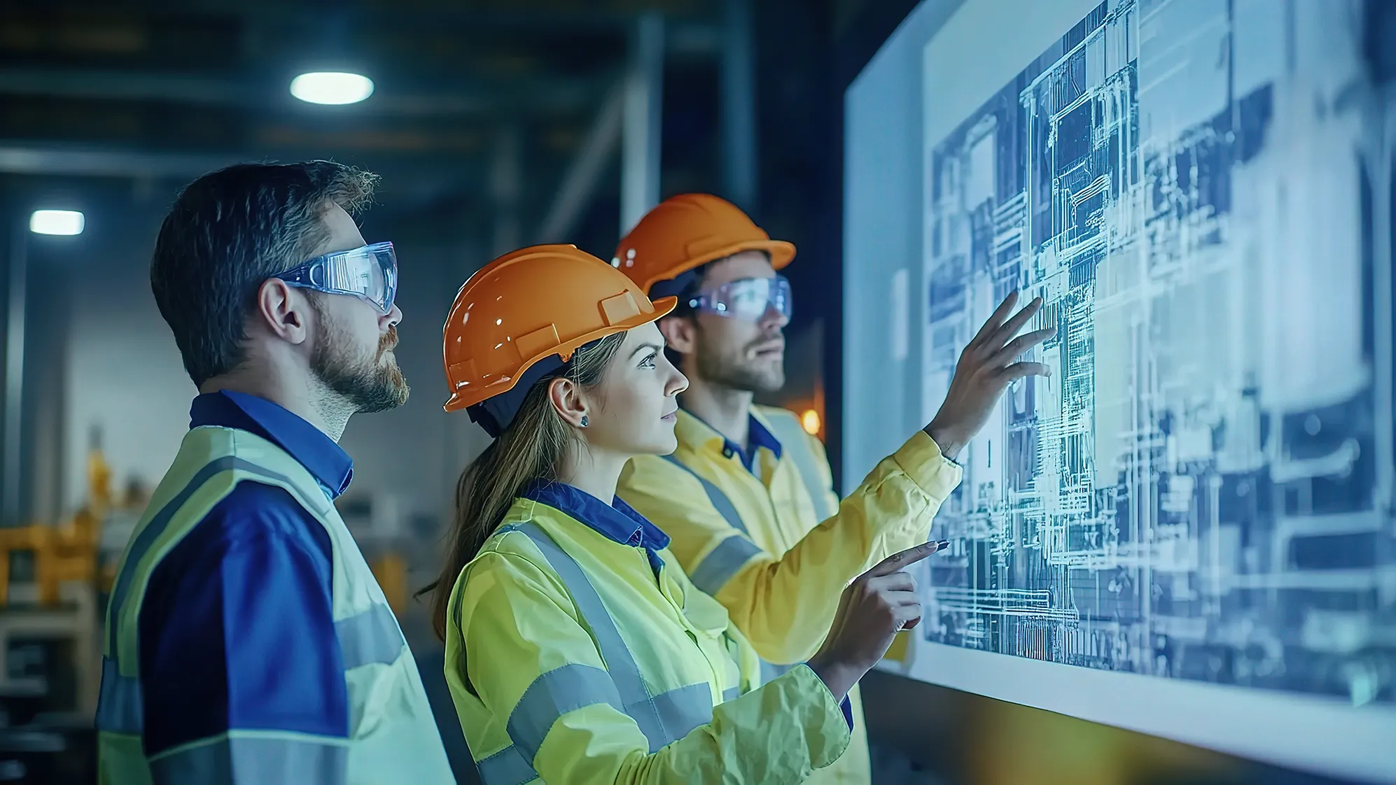 Three construction technology workers examine blueprints on a lightbox