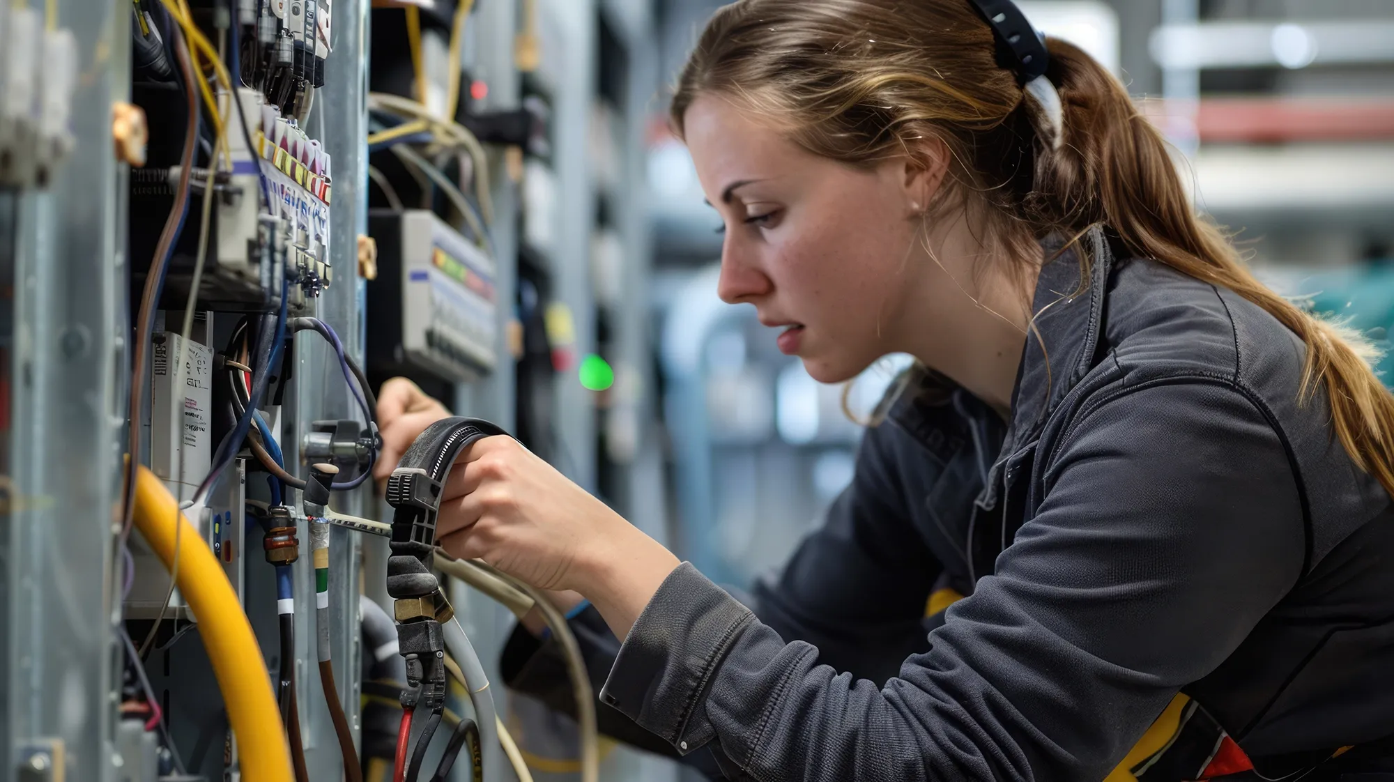 An electrical engineer examines wires in a circuit 