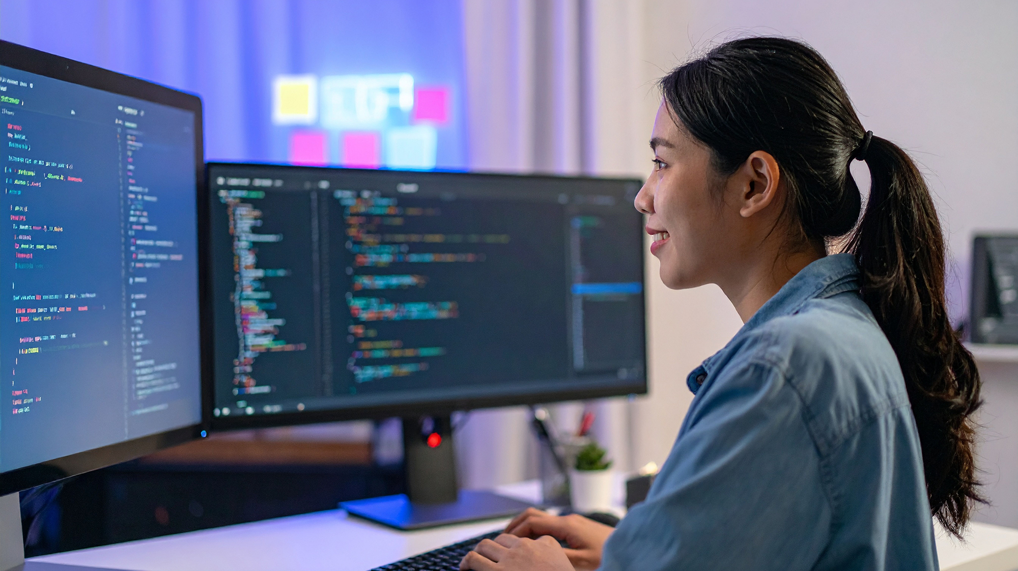 A woman works at a bank of computer monitors