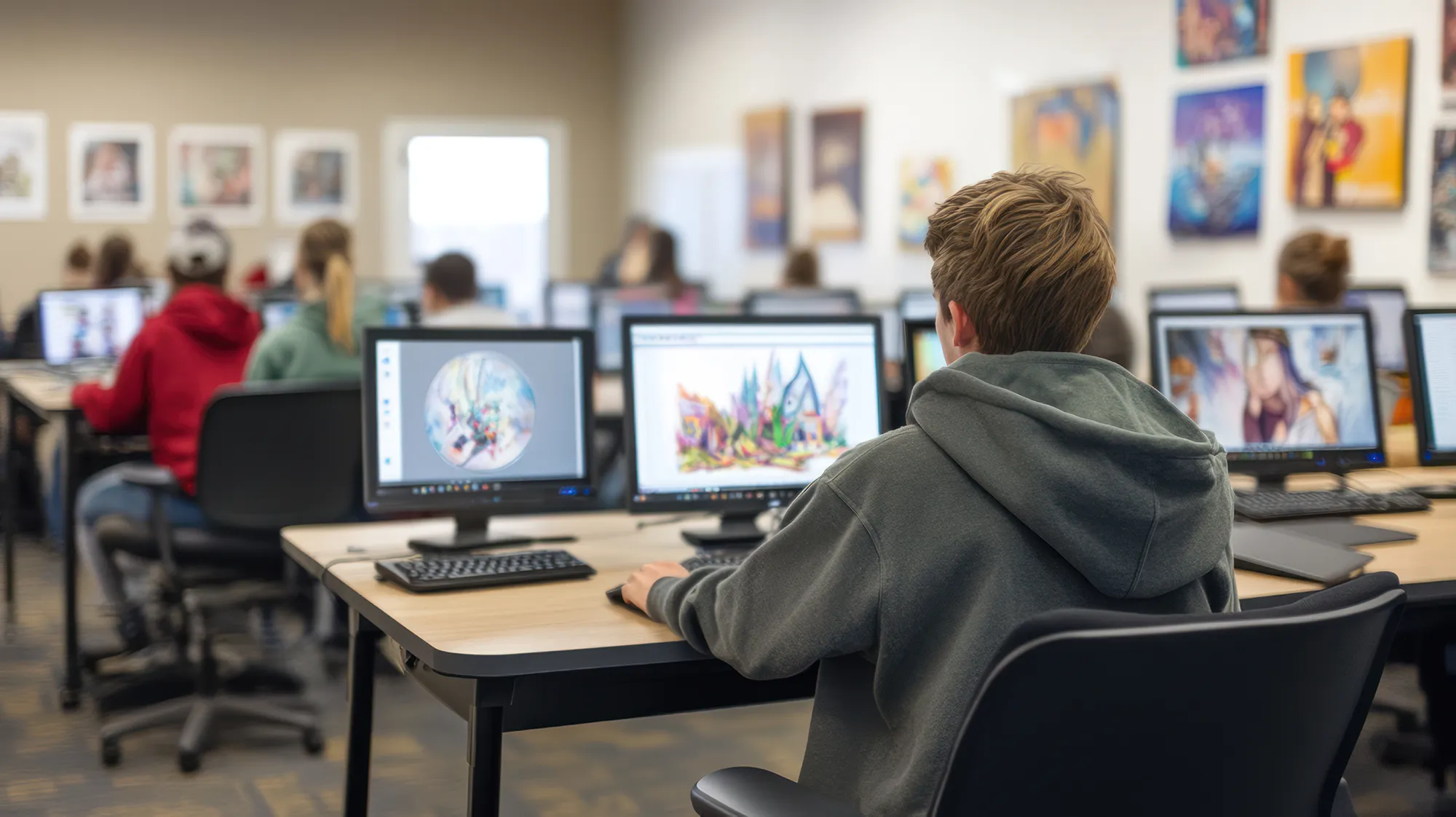 a student in a computer lab working on a graphic design project