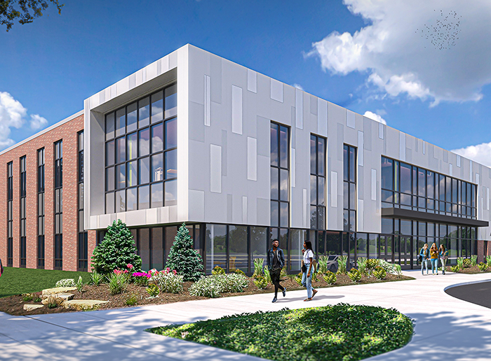 Exterior rendering of MCC's Sydor Optics Advanced Technology Center featuring a modern building with large windows, landscaped grounds, and outdoor seating.
