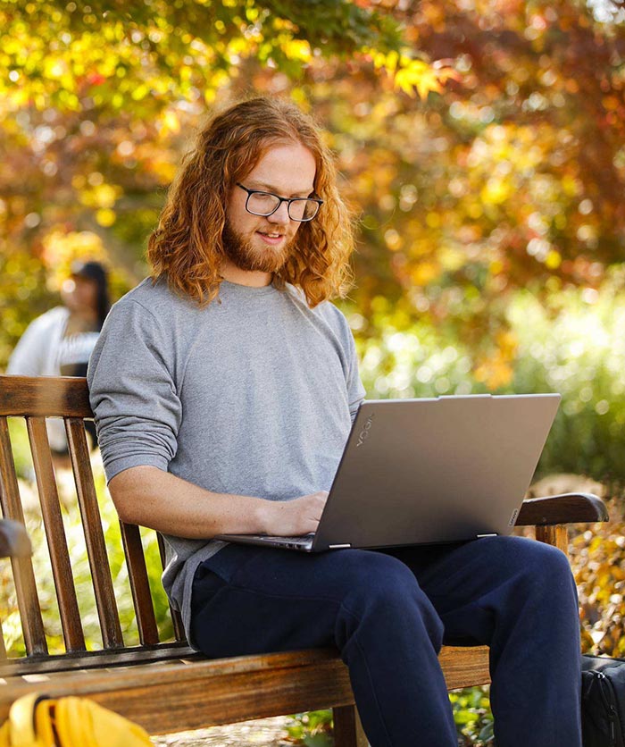 a student sitting on a bench with their laptop, fall foliage surrounds them