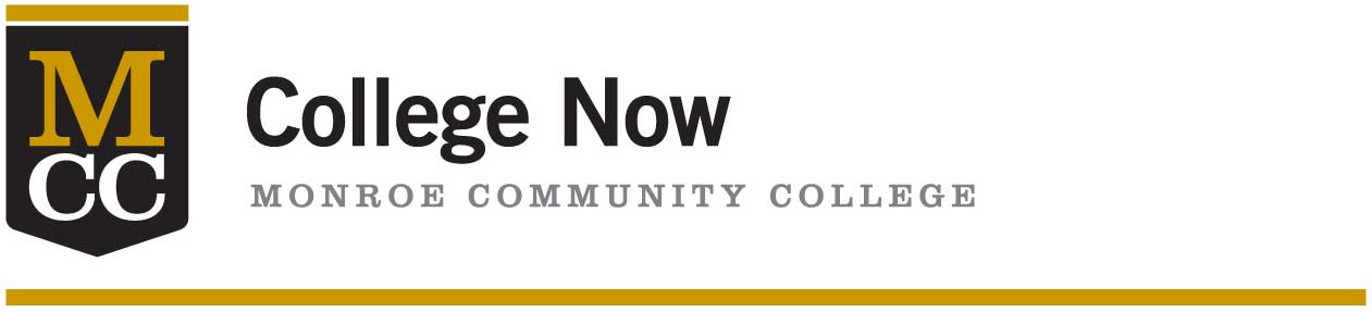 MCC shield logo with text: College Now, Monroe Community College