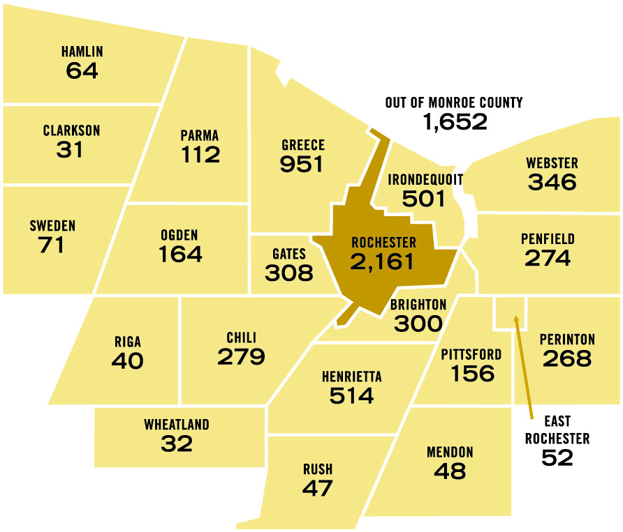 Map of towns in Monroe county, NY with numbers of MCC students enrolled in each as of fall 2024. Full details are below.