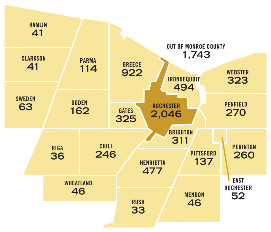 Map of towns in Monroe county, NY with numbers of MCC students enrolled in each as of fall 2023. Full details are below.