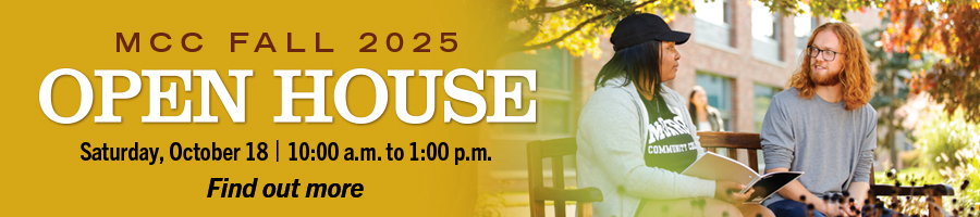 students studying on a park bench with the text MCC Fall 2025 Open House Saturday, October 18m 10:00am to 1:00pm Find out More
