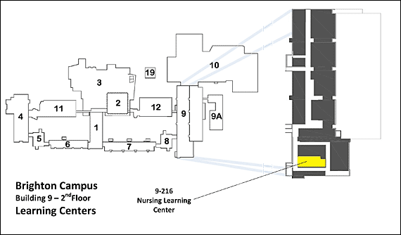 Map showing Brighton Campus Building 9, 2nd Floor Learning Centers Room 9-216: Nursing Learning Center