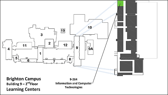 Map showing Brighton Campus Building 9, 2nd Floor Learning Centers Room 9-264: Information & Computer Technologies