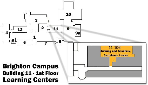 Map showing Brighton Campus Building 11, 1st Floor Learning Centers Room 11-108: Accounting & Economics; Room 11-110: Psychology