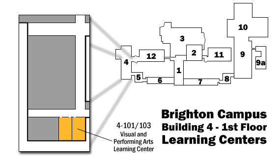 Map showing Brighton Campus Building 4, 1st Floor Learning Centers Rooms 4-101 & 4-103: Visual & Performing Arts Learning Centers