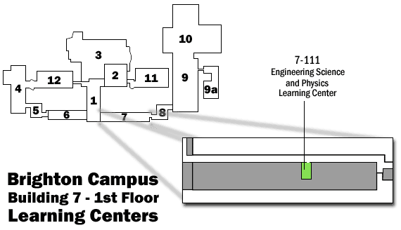 Map showing Brighton Campus Building 7, 1st Floor Learning Centers Room 7-111: Engineering, Science, & Physics Learning Center