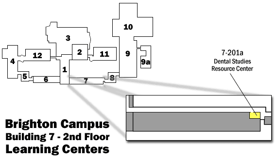Map showing Brighton Campus Building 7, 2nd Floor Learning Centers Room 7-201A: Dental Studies Resource Center