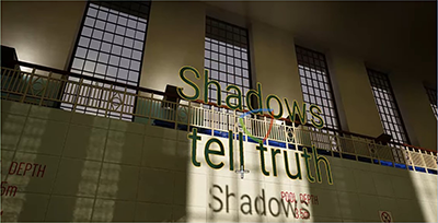 Wall of an indoor pool at night with the overlaid text, Shadows Tell Truth