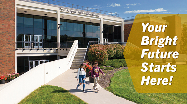2 people walking on the brighton campus, with the text "Your Bright Future Starts Here!"