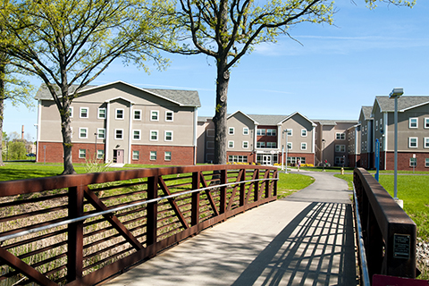 Image of Residence Halls from the pedestrian bridge