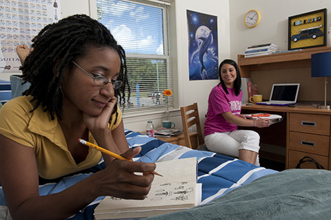 Students studying in a dorm room