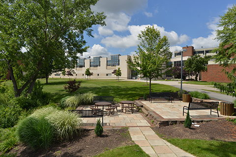 View of patio near pond at the back of the Brighton campus