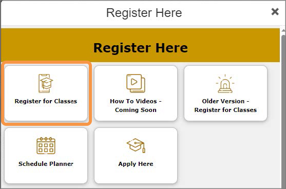 Screenshot of a mobile phone screen showing the &quot;Register Here&quot; screen in myMCC with a circle around the "Registration for Classes" tile.