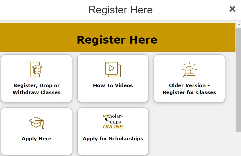 Screenshot of a mobile phone screen showing the &quot;Register Here&quot; screen in myMCC with a circle around the "Registration for Classes" tile.