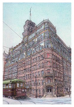 “Powers Building 1910,” pen and ink and watercolor Art work of Mark Payton, Image of the Powers Building