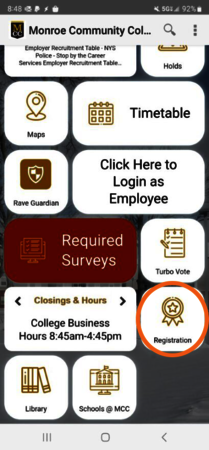 Screenshot of a mobile phone screen showing the myMCC tiles with a circle around the Registration tile.