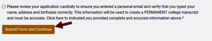 Screenshot of the College Now application checkbox with an arrow pointing to Submit & Continue