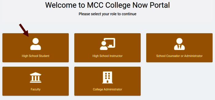Screenshot of the College Now Portal with an arrow pointing to the High School Student tile