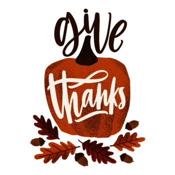 Give Thanks text in front of pumpkin and fall leaves