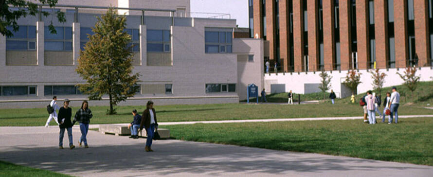 view of the school and students walking
