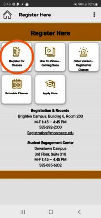 Screenshot of a mobile phone screen showing the "Register Here" screen in myMCC with a circle around the "Registration for Classes" tile.
