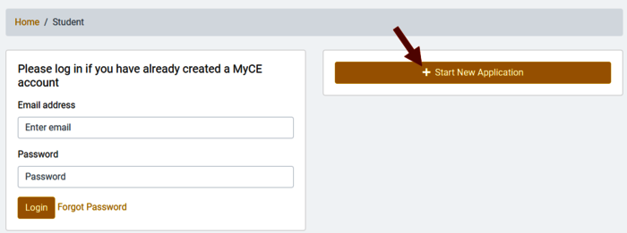 Screenshot of the College Now Portal with an arrow pointing to Start a New Application