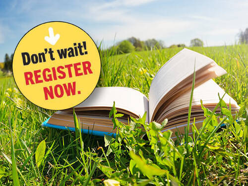 Book in field with text: Do not wait - register now