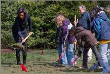 First Lady, Michelle Obama, digging with shovel in ground-breaking ceremony for White House vegetable garden