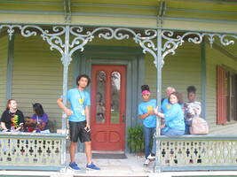 students on porch