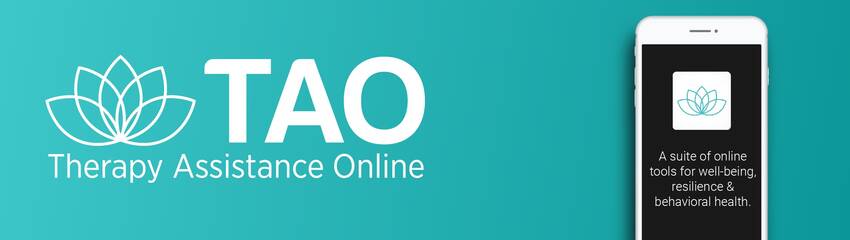 TAO banner in a light blue green with a white outline of plant leaf - include a screenshot of their app look on a cell phone