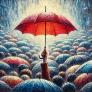 Red umbrella rising above a crowd of umbrellas