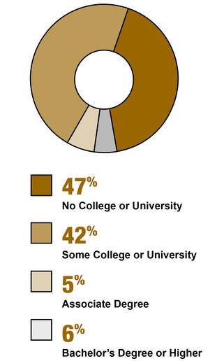 Graph of Prior Educational Goals Prior Educational Goals - 47% No College or University. 42% Some College or University. 5% Bachelor's Degree or Higher.