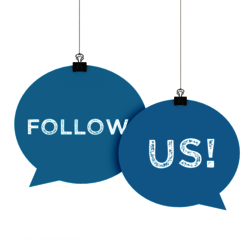 "Follow Us!" in blue text bubbles hanging on strings